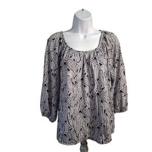 Michael Kors Peasant Blouse M Black White Paisley Print Lagenlook Boho